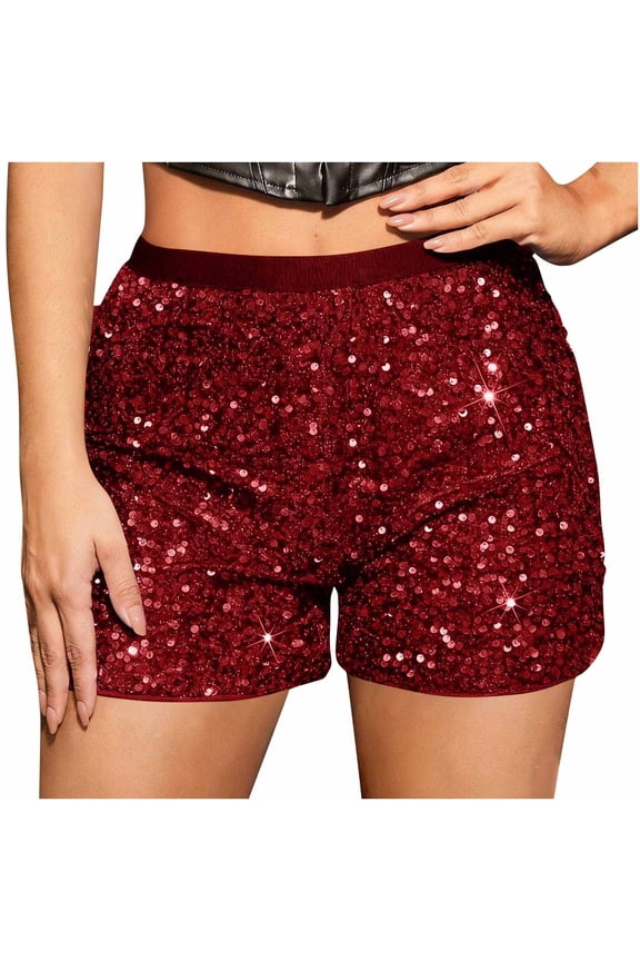 Sequin Shorts for Women, High Waist Stretch Glitter Shorts with Elastic Waist, Party & Casual Wear Red, 2XL