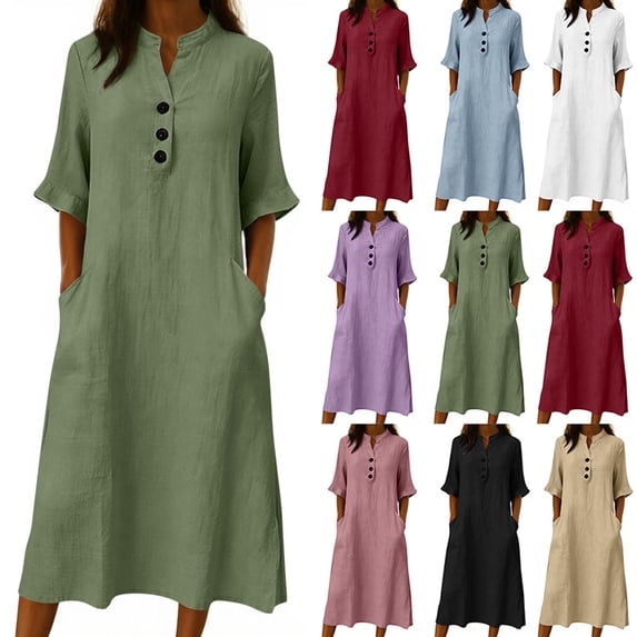 Lovzfmll Shift Dress for Women, Linen-Look Solid Color V-Neck Short Sleeve with Pockets & Ruffle, Casual Maxi Dress Green, S
