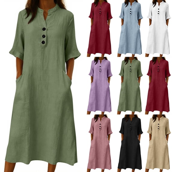 Lovzfmll Shift Dress for Women, Linen-Look Solid Color V-Neck Short Sleeve with Pockets & Ruffle, Casual Maxi Dress White, S