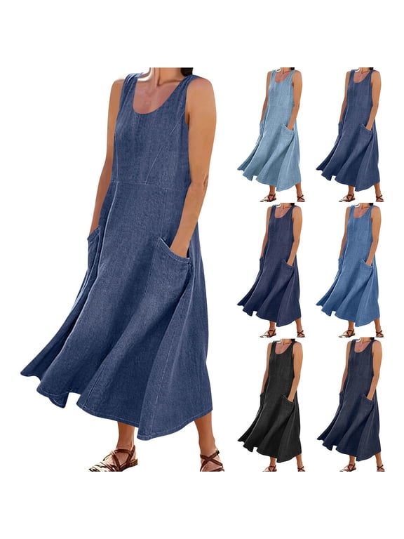 Shift Dress for Women, Real Denim Sleeveless, Casual Loose Maxi Dress Dark Blue, 2XL