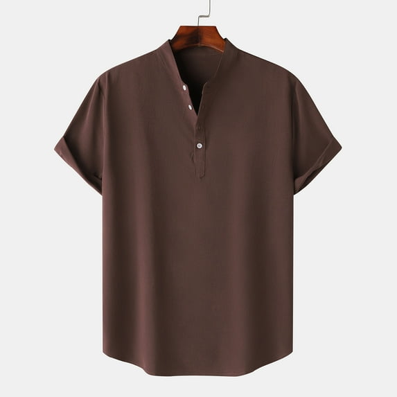Lovzfmll Shirts for Men, Men's Casual Summer Shirts Classic Button Basic Short Sleeve Shirt Solid Color Tees Golf Stylish Tops V-Neck Pullover Casual Top Daily Loose Basic Shirts Brown XL