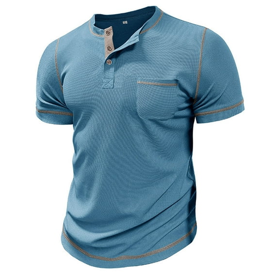 Lovzfmll Shirts for Men, Men's Casual Summer Shirts Classic Button Basic Short Sleeve Shirt Solid Color Tees Golf Stylish Tops V-Neck Turn-Down Collar Pullover Loose Buttons Blouse Sky Blue L