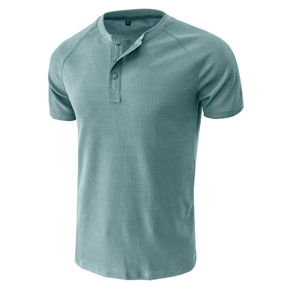 Lovzfmll Shirts for Men, Men's Casual Summer Solid Color Tees Golf Stylish Shirts Classic Button Basic Short Sleeve Shirt Tops Fashion Pullover Round Neck Loose Daily T Shirt Blouse Light Blue M
