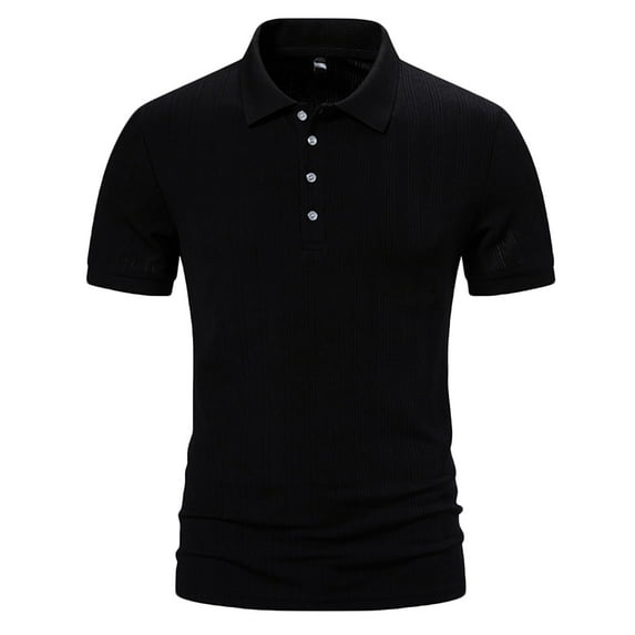 Lovzfmll Shirts for Men, Men's Casual Summer Solid Color Tees Golf Stylish Shirts Classic Button Basic Short Sleeve Shirt Tops Turn Down Collar V-Neck Pullover Loose Daily Blouse Dark Black M