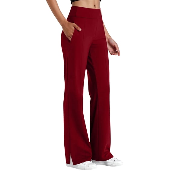 Lovzfmll Side Slit Yoga Leggings for Women, Solid Color Active, Straight Full Length Leggings Wine, M