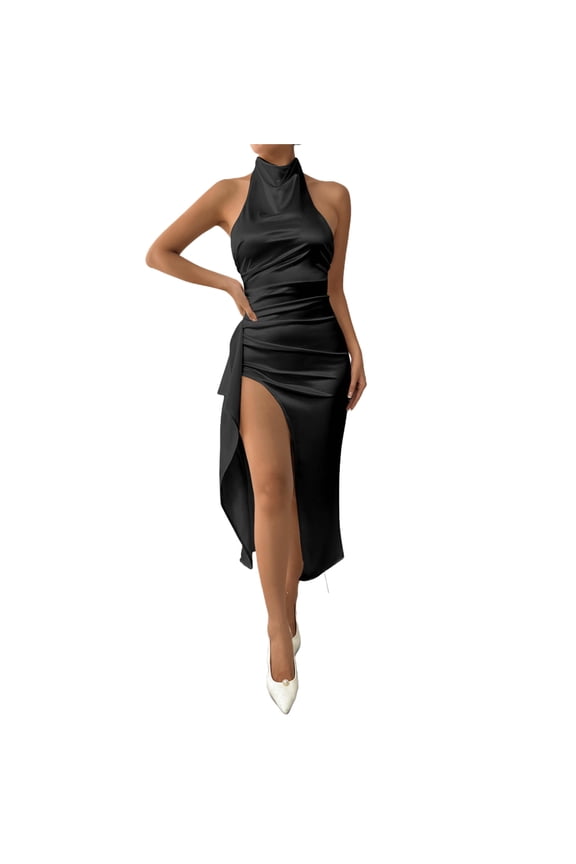 Slip Dress for Women, Halter Mock Neck Sleeveless with Shirring & High Slit, Party Maxi Dress Black, XS