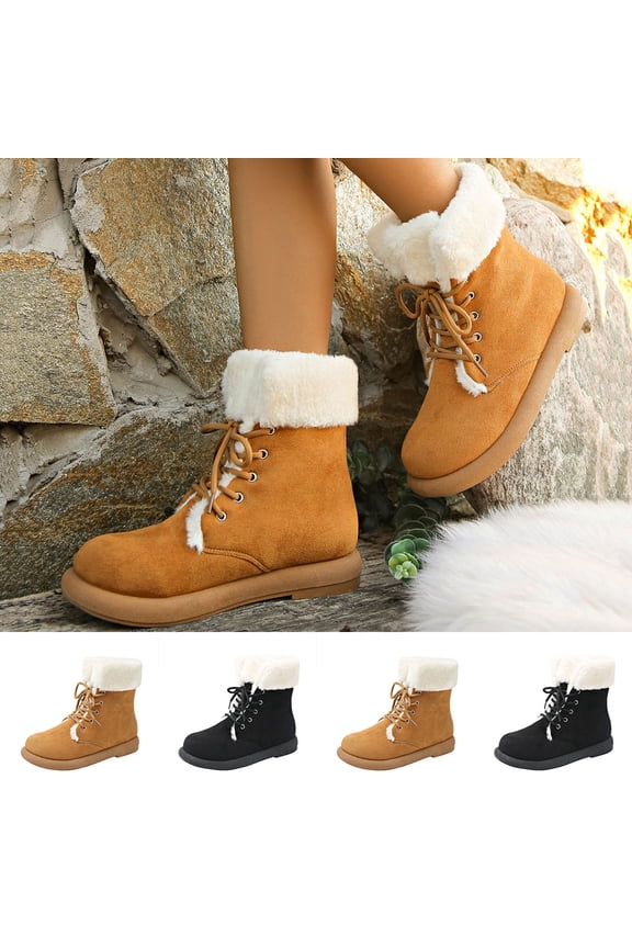 Snow Boots for Women, Fur Lined Warm Winter Ankle Booties, Flat Heel Lace Up Casual Comfy Outdoor Hiking Walking Shoes, 5.5, Brown