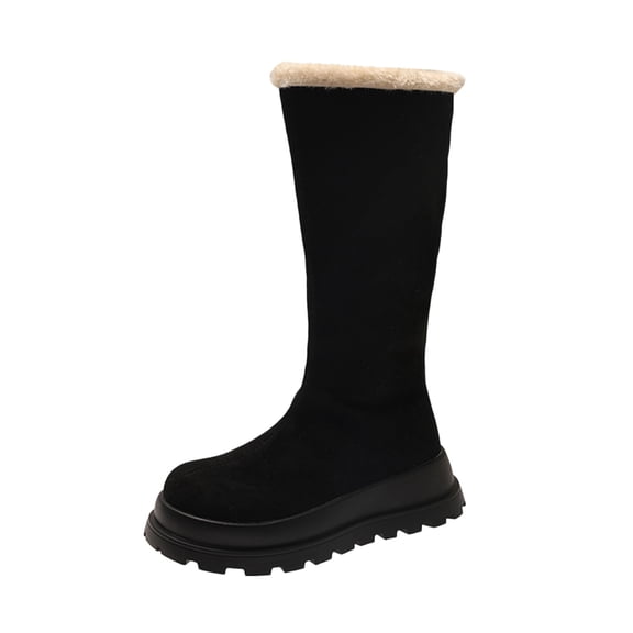 Lovzfmll Snow Boots for Women, Fur Lined Warm Winter Mid-Calf Boots, Chunky Heel Thick Sole Round Toe Casual Comfort Shoes, 6, Black