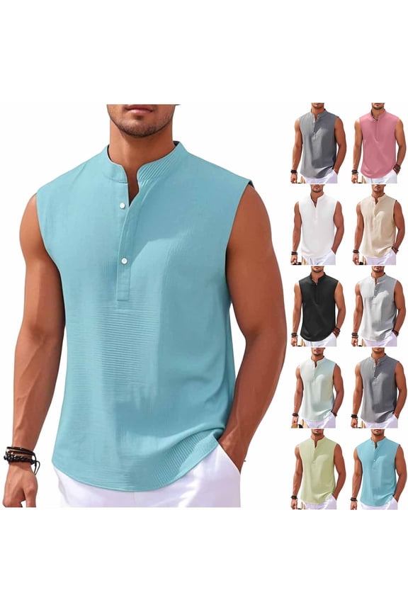 Solid Color Casual Sleeveless Half Button Open Close Standing Collar Top for Men, Soft Loose Waffle Knit Band Collar Top Black, 3XL