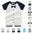 thumbnail image 1 of Lovzfmll Stripe Print Gentleman Romper for Toddlers, Cotton Short Sleeve Snap Crotch Jumpsuit for Little Boys, Birthday Formal Outfits for 3-6 Months, 1 of 9