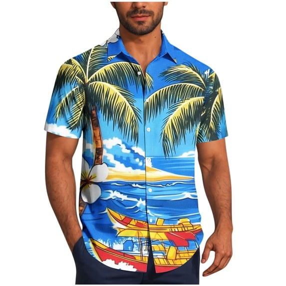 Lovzfmll Summer Beach Camp Collar Short Sleeve Bowling Shirt for Men, Casual Button Up with Soft Hawaiian Print Blue, XL