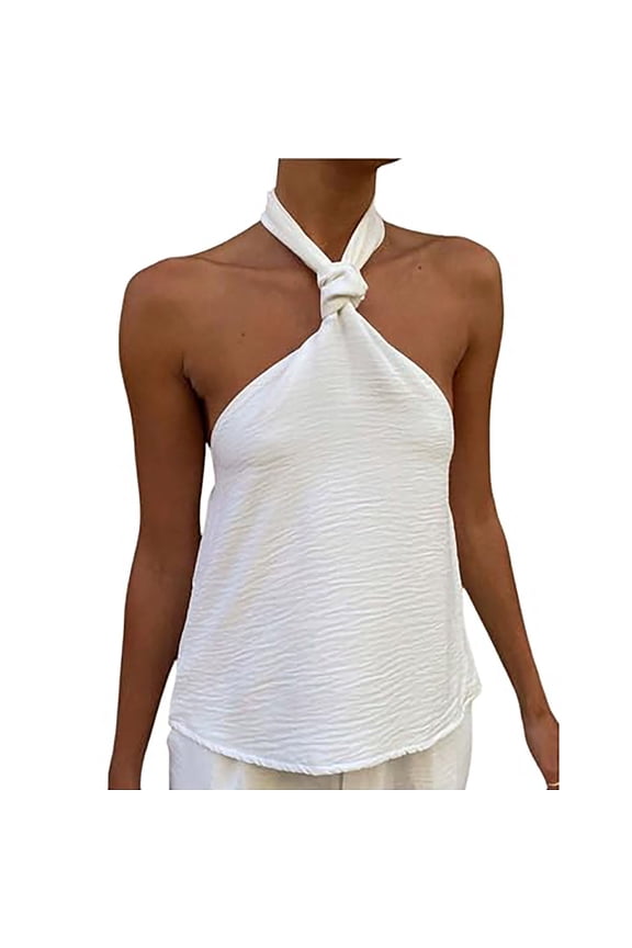 Summer Beach Vacation Loose Dressy Halter Neck Front Knot Sleeveless Crop Tank Top for Women, Soft Blouse White, M