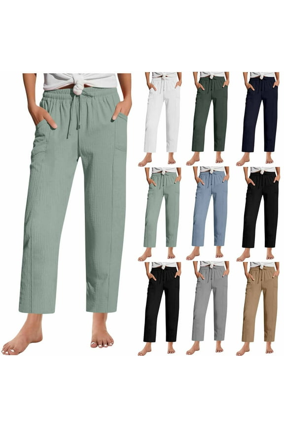 Summer Casual Pants for Women, Solid Color Drawstring Waist Trousers, Lightweight Pocket Everyday Bottoms Mint Green, S