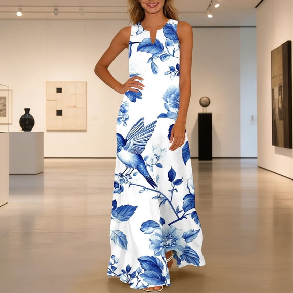 Lovzfmll Summer Designer Style Casual Sleeveless V-Neck Long Maxi Dress for Women with Gradient Loose V-Neck Blue-C, XL