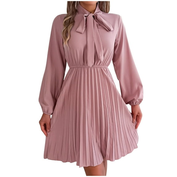 Lovzfmll Summer Dresses for Women Swimsuit Cover Ups Spring Crew Neck Casual Loose Comfortable Tank Tshirt Dress Temperament Solid Color Waistband Long Sleeved Pleated Skirt Pink S