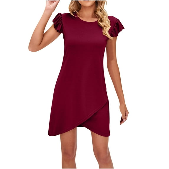Lovzfmll Summer Dresses for Women, Women's Summer Smock Cocktail Mini Dress Sundresses For Women Solid Color Crew Neck Casual Flying Sleeve Vacation Beach Loose Mini Dress Wine 2XL