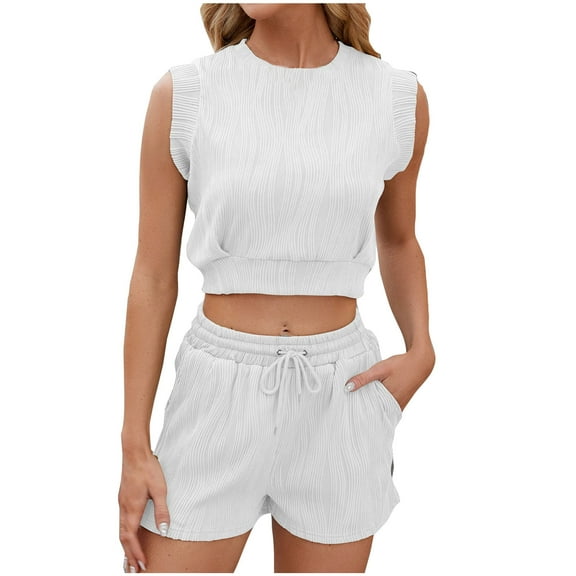 Lovzfmll Summer Jumpsuits for Women, Womens Summer Casual Solid Color Lace Bubble Crew Neck Comfortable and Lightweight Daily Set Sleeveless Jumpsuits Dressy Formal Shorts With Pockets White L