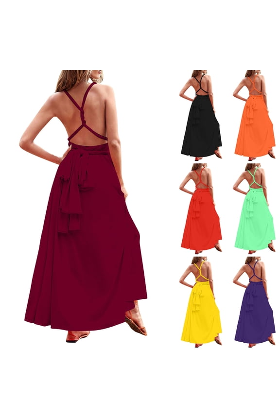 Summer Multi-Way Crisscross Straps Backless Elegant Vacation Sundress for Women Solid Sleeveless V-Neck Spaghetti Strap Low Back Relaxed Fit Green, L