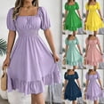 thumbnail image 1 of Lovzfmll Summer Solid Elastic Waist Short Sleeve Casual Mini A-Line Dress for Women with Ruffle Puff Sleeve Loose Crew Neck Navy, M, 1 of 8