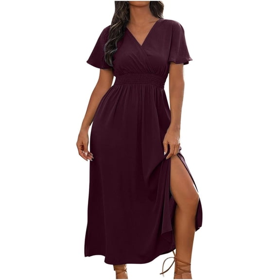 Lovzfmll Summer Women's Dresses Plus Size V-Neck Casual Comfortable Loose Breathable Solid Color Elastic Waist Short Sleeve Lightweight Leisure Split Maxi A-Line Dress Wine L