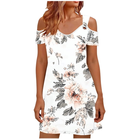 Lovzfmll Sundress for Women, V-Neck Short Sleeve with Cold Shoulder & Print, Casual Vacation Mini Dress White, 2XL