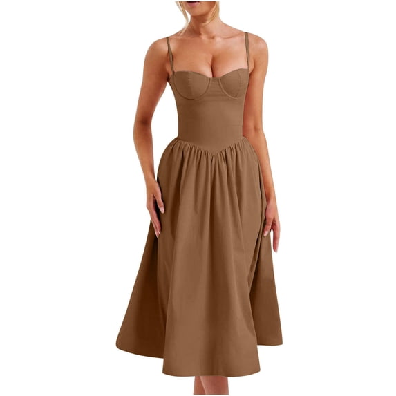 Lovzfmll Sundress for Women, V-Neck Sleeveless with Spaghetti Straps & Shirring, Relaxed Fit Maxi Dress Brown, M