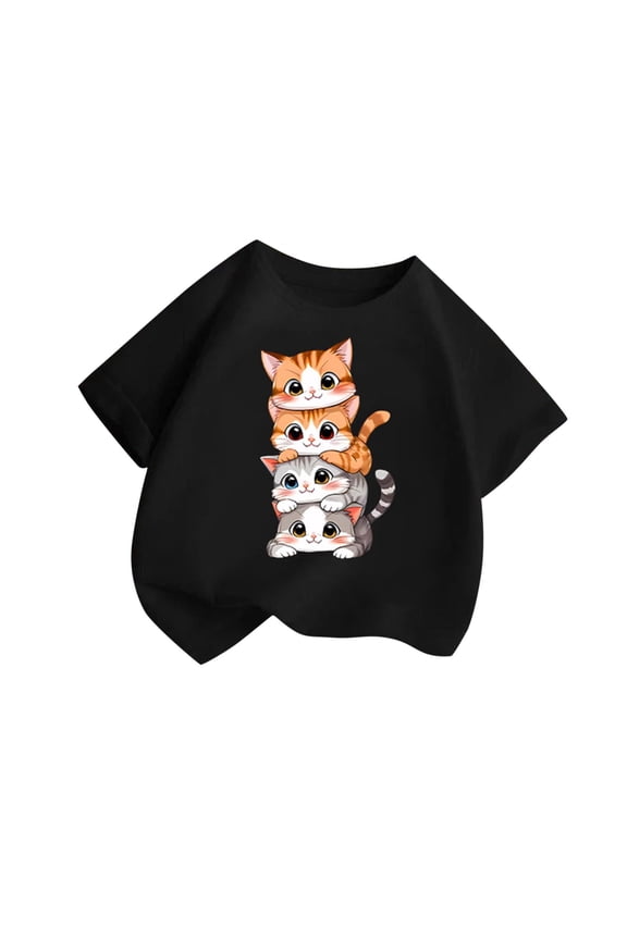 T-Shirts for Boys & Girls, Cat Print Short Sleeve Tee, Casual Loose Fit Pullover Graphic Tees for Kids 10-12 Years