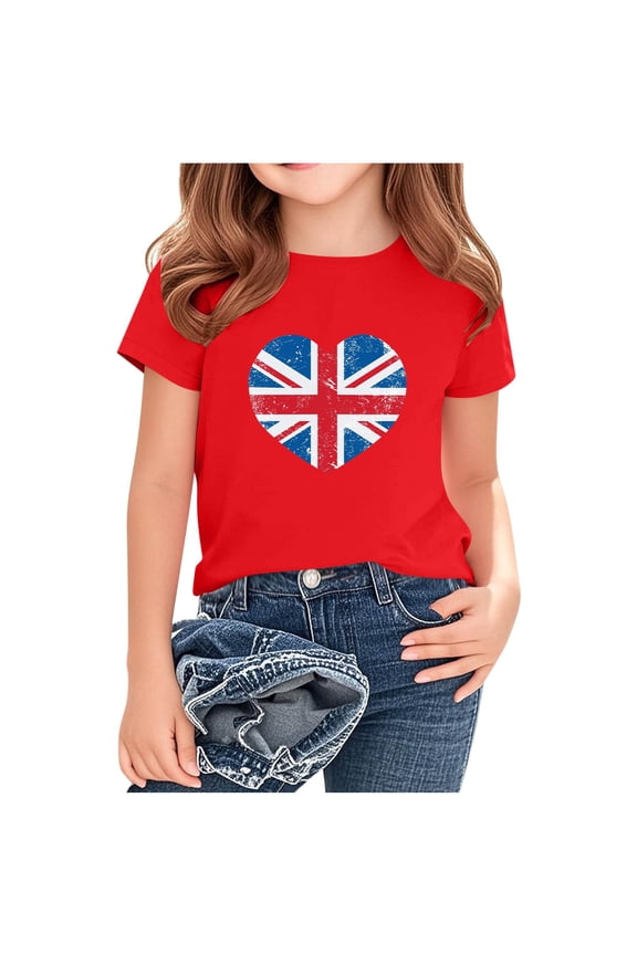 T-Shirts for Boys & Girls, UK Flag Print Short Sleeve Tee, Casual Loose Fit Pullover Graphic Tees for Kids 7-8 Years