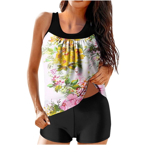Lovzfmll Tankini Set for Women, Floral Leaf Print Halter Top and Shorts, Conservative Bathing Suit for Fashion Beach