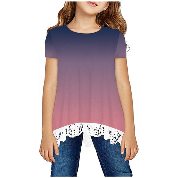Lovzfmll Teen Girl's Tops, Gradient Print Ruffle Short Sleeve Tee, Casual Loose Fit Pullover Blouses for 13-14 Years