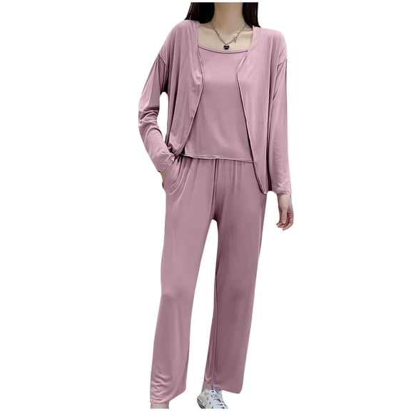 Lovzfmll Three-Piece Pajama Set for Women, Modal Solid Color Long Sleeve Lounge Wear, Lightweight Top and Pants, Comfortable Home Set Hot Pink, L
