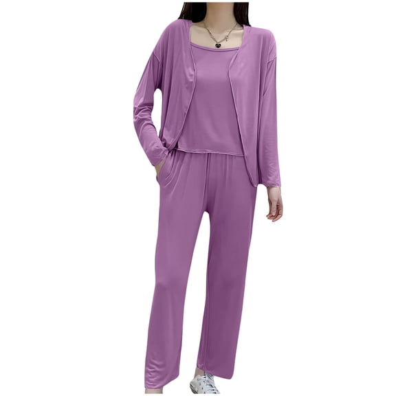 Lovzfmll Three-Piece Pajama Set for Women, Modal Solid Color Long Sleeve Lounge Wear, Lightweight Top and Pants, Comfortable Home Set Purple, M