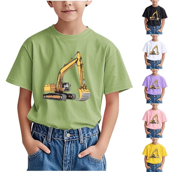 Lovzfmll Toddler Boy's T-Shirts, Excavator Print Short Sleeve Tee, Casual Loose Fit Pullover Graphic Tees for 3-4 Years