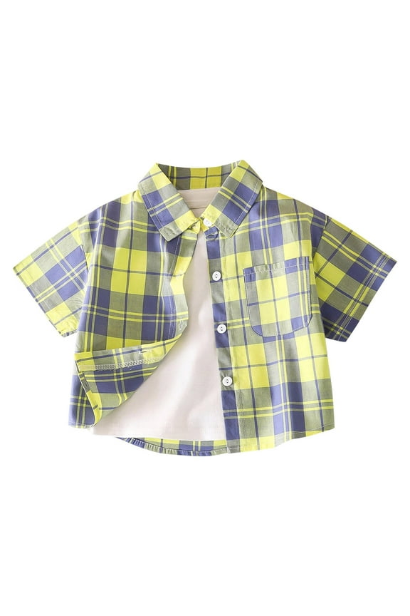 Toddler Boy's Tops, Plaid Pocket Button Down Short Sleeve Shirt, Casual Loose Fit Pullover Blouses for 1-2 Years