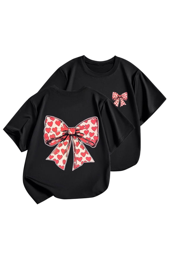Toddler Girl's T-Shirts, Bow Print Short Sleeve Tee, Casual Loose Fit Pullover Graphic Tees for 2-4 Years