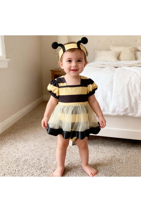 Toddler's 2-Piece Bee Print Romper Set, Short Sleeve Lace Trim Jumpsuit with Headband for Little Girls, Summer Party Outfits for 0-3 Months