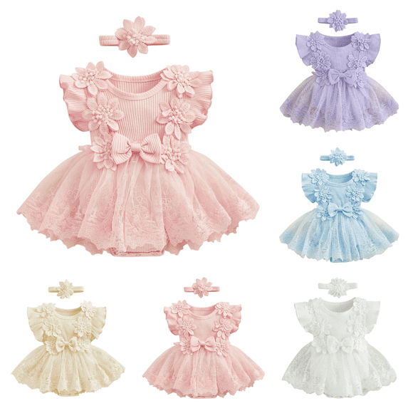 Lovzfmll Toddler's 2-Piece Birthday Romper Set, Sleeveless Tulle Skirt Jumpsuit with Floral Bow Headband for Little Girls, Party Outfits for 0-3 Months