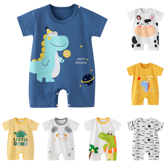 Lovzfmll Toddler's Print Short Sleeve Romper, Cotton Crew Neck Snap Crotch Jumpsuit for Little Boys, Summer Casual Outfits for 0-3 Months
