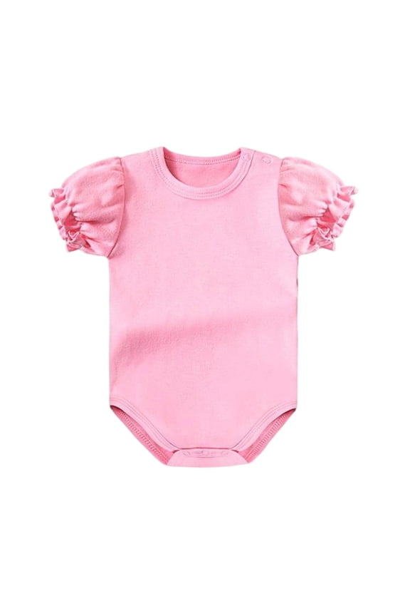 Toddler's Puff Sleeve Short Sleeve Romper, Solid Color Crew Neck Snap Crotch Jumpsuit for Little Girls, Summer Casual Outfits for 3-6 Months