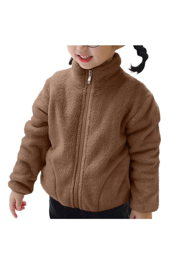 Toddlers Boys Girls Coral Fleece Jacket, Stand Collar Zip-Front Sherpa Lining, Essentials Warm Winter Coat for 1-11 Years