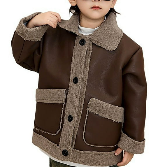 Lovzfmll Toddlers Kids Boys Girls Leather Sherpa Jacket, Color Block Plush Lining, Stylish Warm Winter Coat for Kids for 4-11 Years