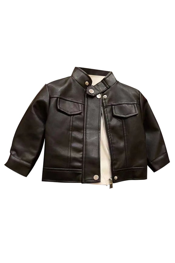 Toddlers Kids Boys Girls PU Leather Jacket, V-Neck Bomber Style, Edgy Warm Winter Coat for Kids for 1-11 Years