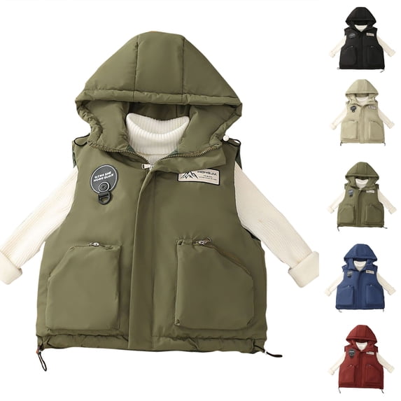 Lovzfmll Toddlers Kids Boys Hooded Puffer Vest, Cotton Filled with Pockets, Essential Warm Winter Coat for Boys for 3-12 Years