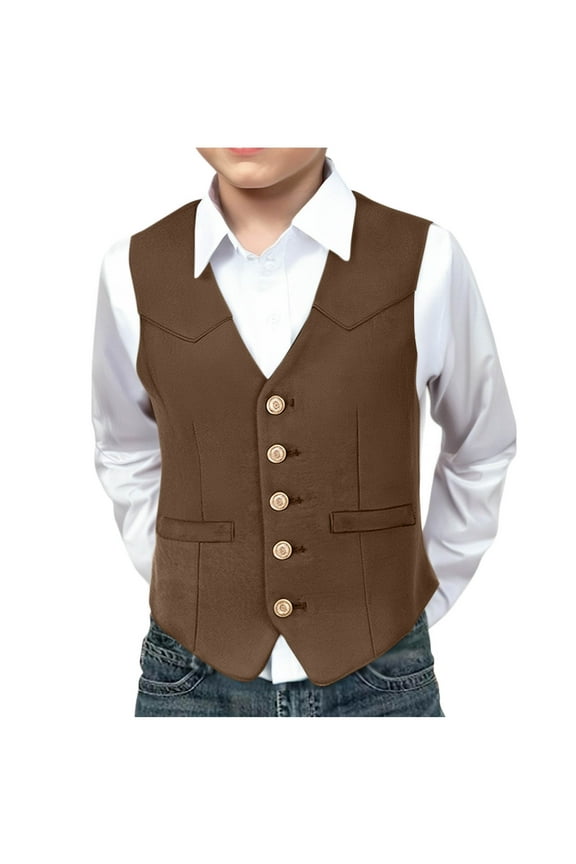 Toddlers Kids Boys Suede Vest, Western Style Open Front, Leather Look Warm Winter Wear for Parties for 3-12 Years