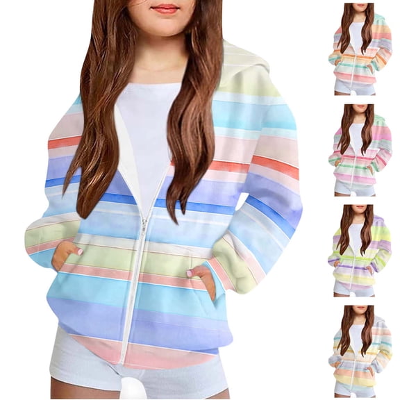 Lovzfmll Toddlers Kids Teens Girls Striped Hoodie, Colorful Print Sport Pullover, Fun Warm Winter Coat for Girls for 3-12 Years