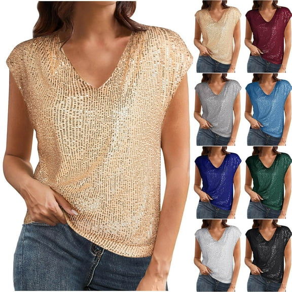 Lovzfmll Tops for Women, Sequin Night Club Short Sleeve V Neck Going Out Tops, 2025 Trendy Blouses Dressy Casual Pullover T-Shirt