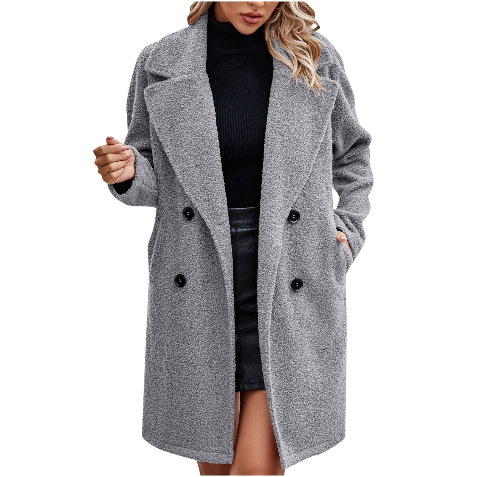 Lovzfmll Trench Coat for Women, Solid Color Button Front Plush