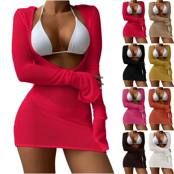 Lovzfmll Trikini Swim Skirt Set for Women, Long Sleeve Sheer Top with Drawstring and Skirt, High Waisted Bathing Suit for Beach