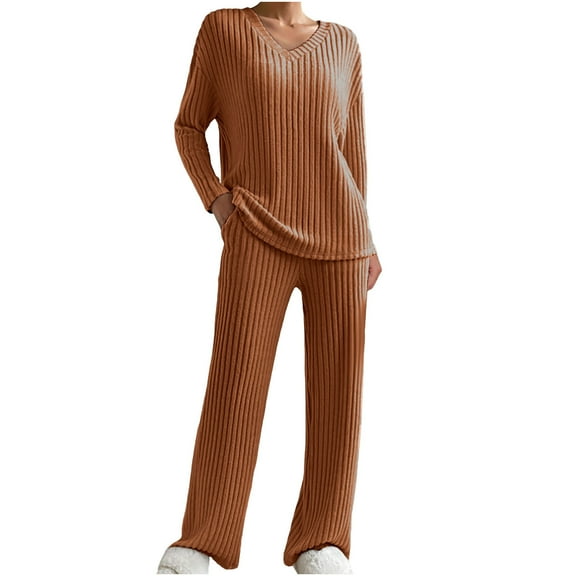 Lovzfmll Two-Piece Set for Women, Solid Color Long Sleeve Top and Pants, Classic Comfort Loungewear, Versatile Home Wear Brown, 2XL