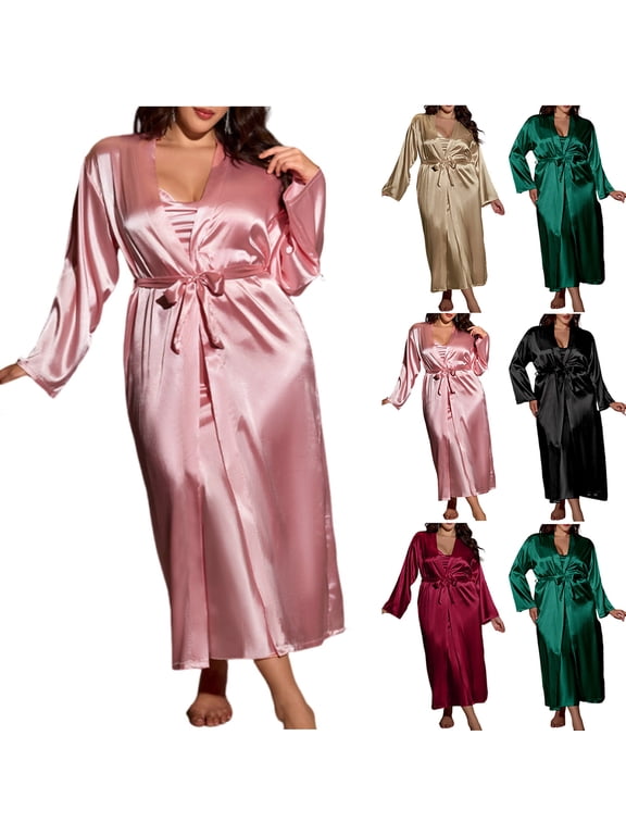 Two-Piece Sleepwear Set for Women, Plus Size Satin Chemise & Robe, Nightgown Set, Elegant Home Loungewear Pink, XL